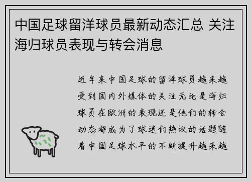 中国足球留洋球员最新动态汇总 关注海归球员表现与转会消息